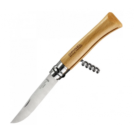 Нож OPINEL №10, нержавеющая сталь, рукоять из бука, со штопором